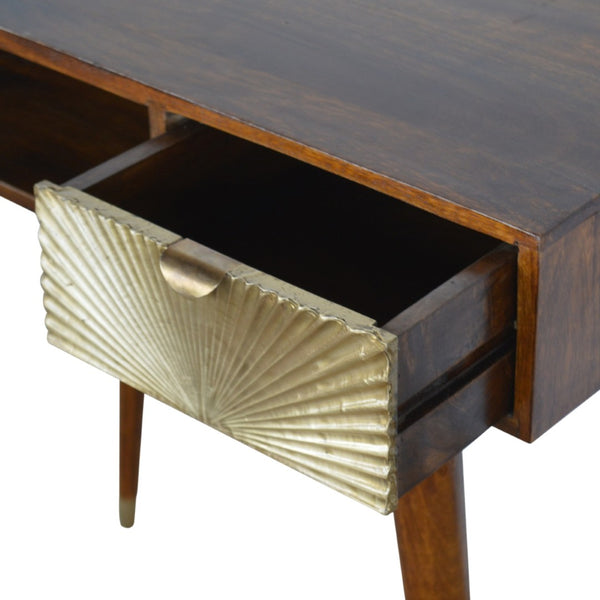 English Elm Sunrise Mango Wood Writing Desk with Hand-carved Brass Relief and Nordic Tapered Legs B182P363112