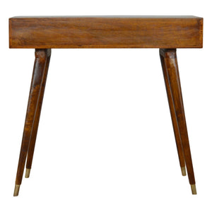 English Elm Sunrise Mango Wood Writing Desk with Hand-carved Brass Relief and Nordic Tapered Legs B182P363112