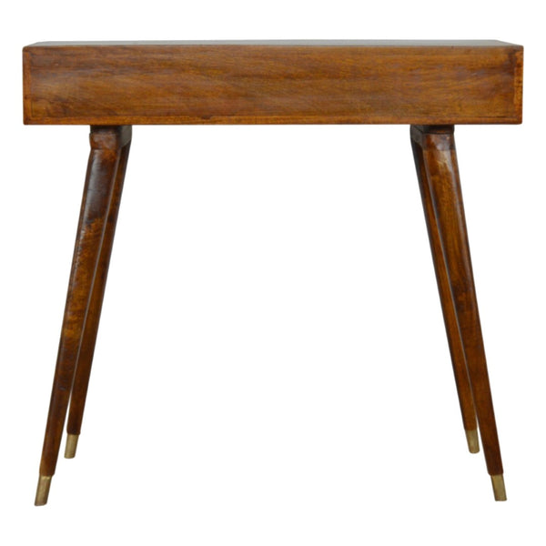 English Elm Sunrise Mango Wood Writing Desk with Hand-carved Brass Relief and Nordic Tapered Legs B182P363112