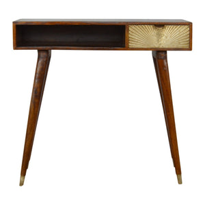 English Elm Sunrise Mango Wood Writing Desk with Hand-carved Brass Relief and Nordic Tapered Legs B182P363112