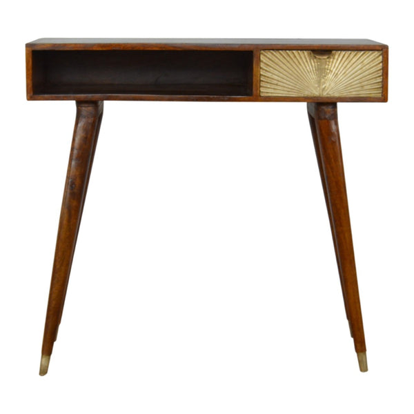 English Elm Sunrise Mango Wood Writing Desk with Hand-carved Brass Relief and Nordic Tapered Legs B182P363112