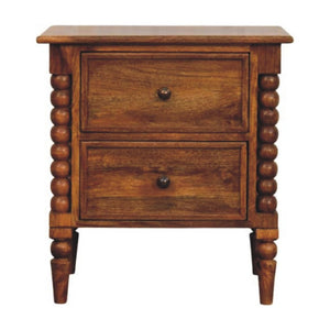 English Elm Solid Mango Wood Nightstand with Hand-Turned Spindle Legs and Two Drawers Amber Finish B182P372120