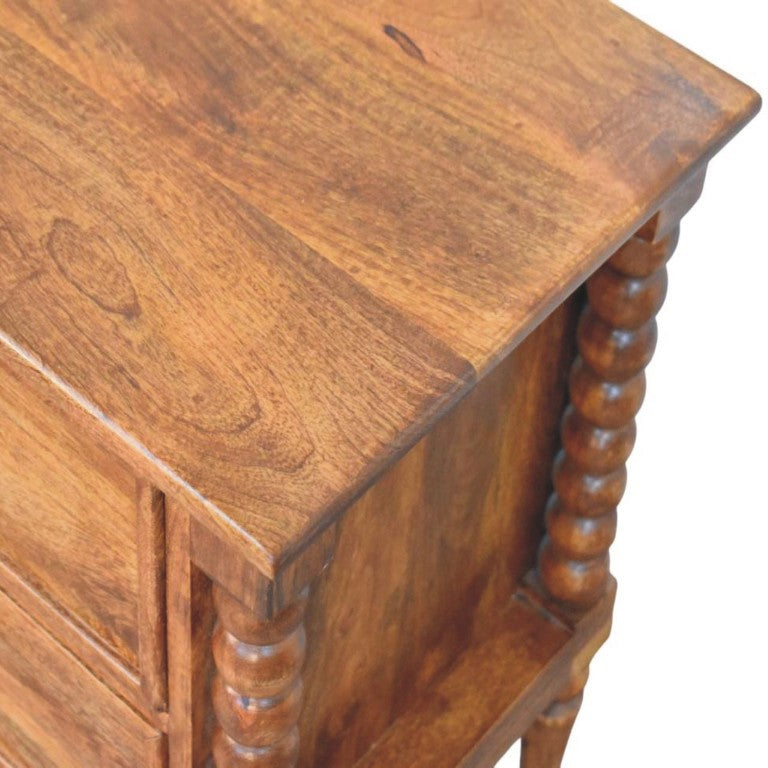 English Elm Solid Mango Wood Nightstand with Hand-Turned Spindle Legs and Two Drawers Amber Finish B182P372120