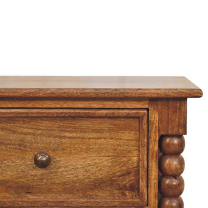 English Elm Solid Mango Wood Nightstand with Hand-Turned Spindle Legs and Two Drawers Amber Finish B182P372120