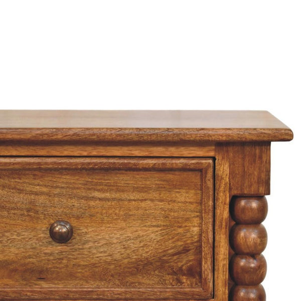 English Elm Solid Mango Wood Nightstand with Hand-Turned Spindle Legs and Two Drawers Amber Finish B182P372120