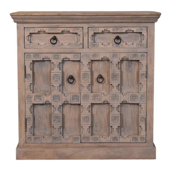 English Elm Solid Mango Wood Sideboard Hand Carved Lattice Rajasthani Artisan Dining Storage B182P372123