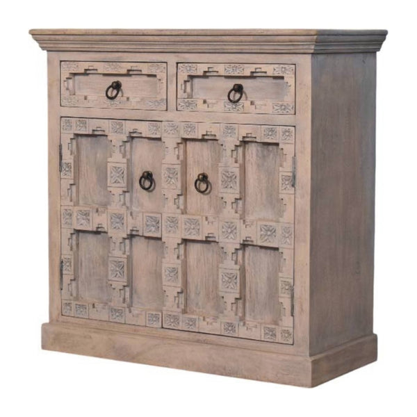 English Elm Solid Mango Wood Sideboard Hand Carved Lattice Rajasthani Artisan Dining Storage B182P372123