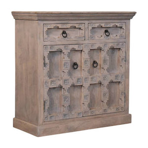 English Elm Solid Mango Wood Sideboard Hand Carved Lattice Rajasthani Artisan Dining Storage B182P372123