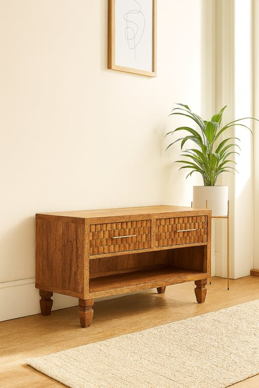 English Elm Solid Mango Wood Shoe Storage Bench with Two Drawers and Open Shelf for Entryway B182P372184