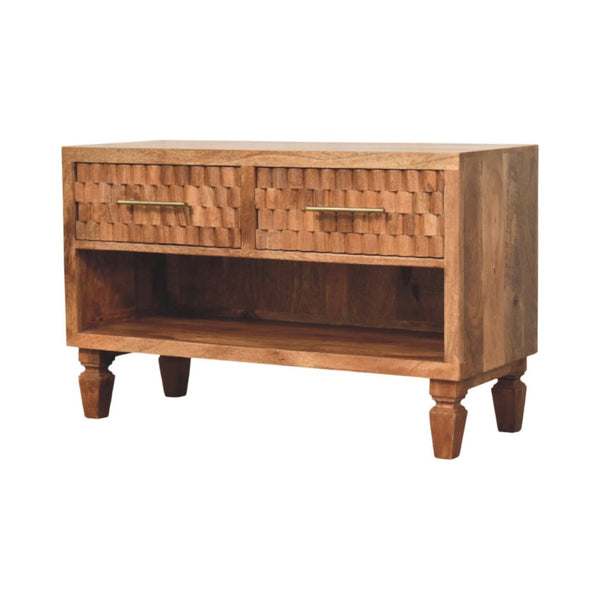 English Elm Solid Mango Wood Shoe Storage Bench with Two Drawers and Open Shelf for Entryway B182P372184