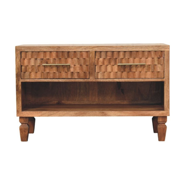 English Elm Solid Mango Wood Shoe Storage Bench with Two Drawers and Open Shelf for Entryway B182P372184