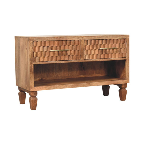 English Elm Solid Mango Wood Shoe Storage Bench with Two Drawers and Open Shelf for Entryway B182P372184