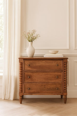 English Elm Solid Mango Wood 3 Drawer Chest with Spindle Detail Amber Oak Bedroom Storage B182P372187