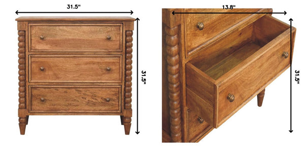 English Elm Solid Mango Wood 3 Drawer Chest with Spindle Detail Amber Oak Bedroom Storage B182P372187