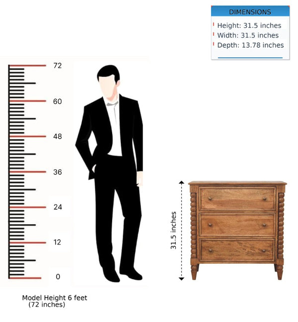 English Elm Solid Mango Wood 3 Drawer Chest with Spindle Detail Amber Oak Bedroom Storage B182P372187