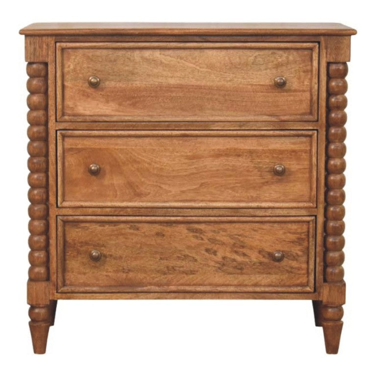 English Elm Solid Mango Wood 3 Drawer Chest with Spindle Detail Amber Oak Bedroom Storage B182P372187