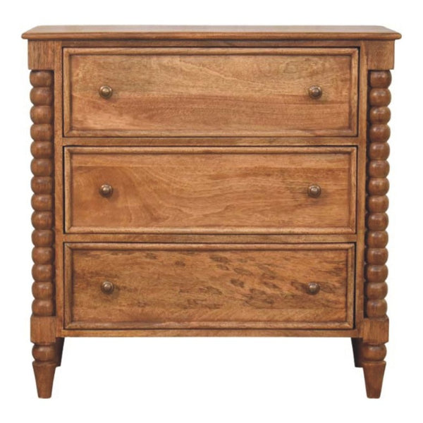 English Elm Solid Mango Wood 3 Drawer Chest with Spindle Detail Amber Oak Bedroom Storage B182P372187
