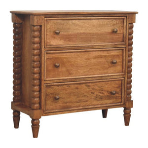 English Elm Solid Mango Wood 3 Drawer Chest with Spindle Detail Amber Oak Bedroom Storage B182P372187