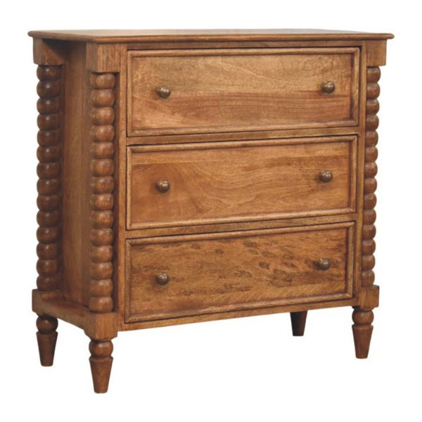English Elm Solid Mango Wood 3 Drawer Chest with Spindle Detail Amber Oak Bedroom Storage B182P372187