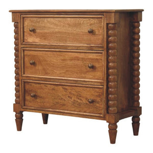 English Elm Solid Mango Wood 3 Drawer Chest with Spindle Detail Amber Oak Bedroom Storage B182P372187