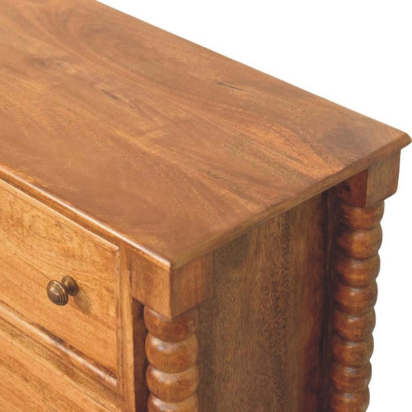 English Elm Solid Mango Wood 3 Drawer Chest with Spindle Detail Amber Oak Bedroom Storage B182P372187