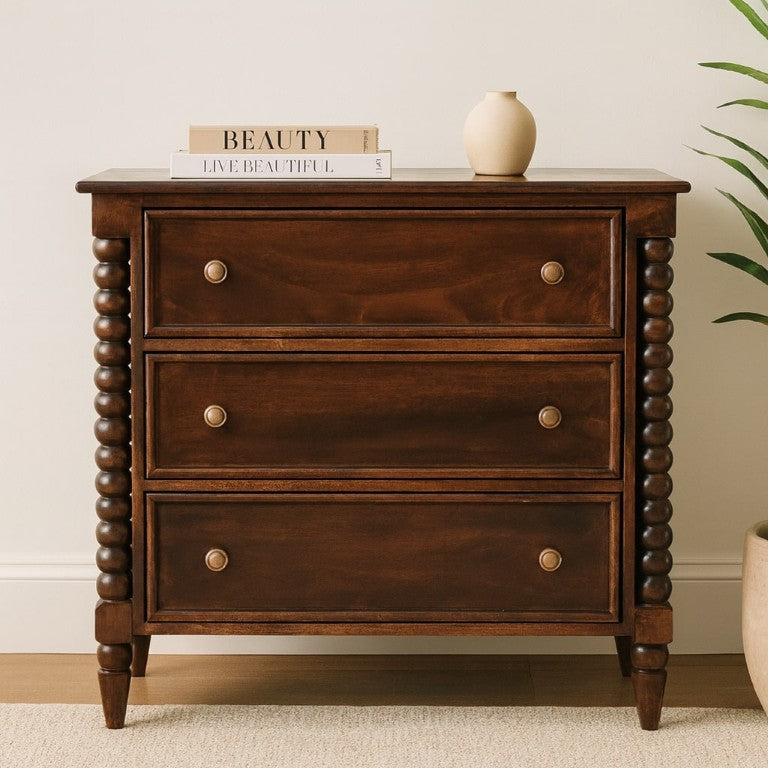 English Elm Solid Mango Wood Barclay Three Drawer Chest with Turned Legs and Oak Grain Finish B182P391932