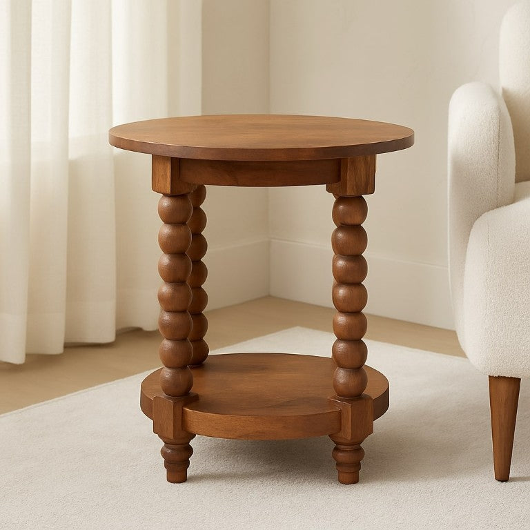 English Elm Solid Mango Wood Round Side Table with Hand-Carved Barley Twist Legs in Teak Finish B182P391941