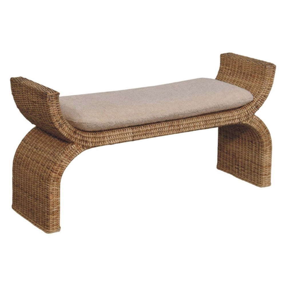 English Elm Rattan Weave Boucle Upholstered Bench with Solid Wood Frame for Bedroom Entryway B182P447434