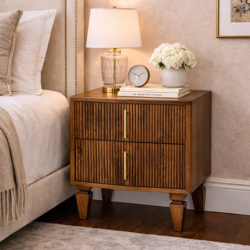 English Elm Solid Mango Wood Ribbed Nightstand with Brass Pulls Chestnut Finish Bedside Table B182P476739