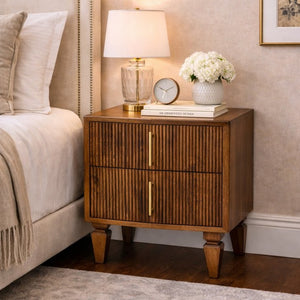 English Elm Solid Mango Wood Ribbed Nightstand with Brass Pulls Chestnut Finish Bedside Table B182P476739