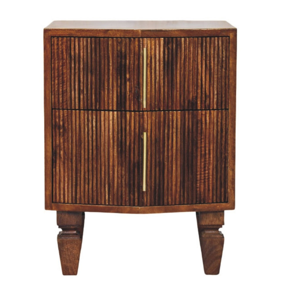 English Elm Solid Mango Wood Ribbed Nightstand with Brass Pulls Chestnut Finish Bedside Table B182P476739
