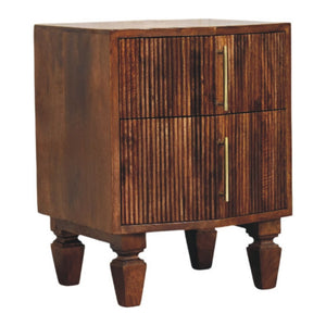 English Elm Solid Mango Wood Ribbed Nightstand with Brass Pulls Chestnut Finish Bedside Table B182P476739