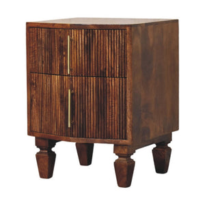 English Elm Solid Mango Wood Ribbed Nightstand with Brass Pulls Chestnut Finish Bedside Table B182P476739