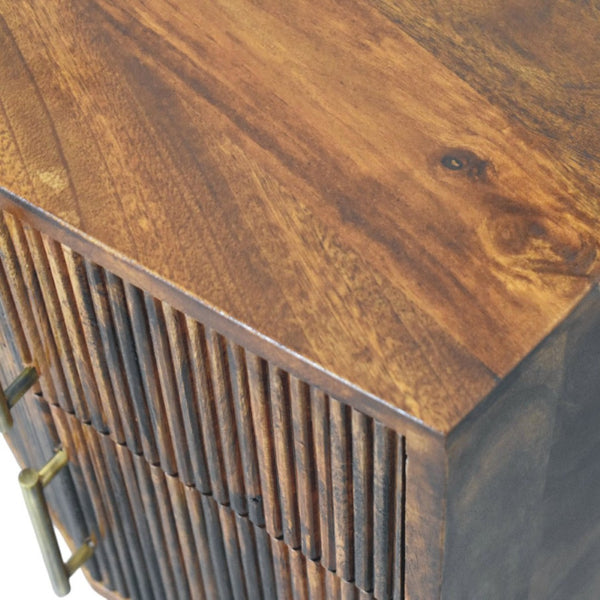 English Elm Solid Mango Wood Ribbed Nightstand with Brass Pulls Chestnut Finish Bedside Table B182P476739