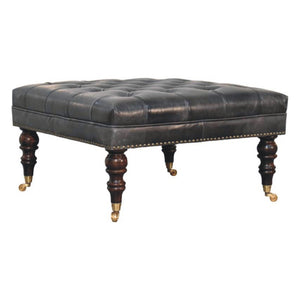 English Elm Solid Wood Frame Genuine Leather Ottoman Handcrafted Square Seat for Modern Living B182P490905