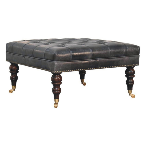 English Elm Solid Wood Frame Genuine Leather Ottoman Handcrafted Square Seat for Modern Living B182P490905