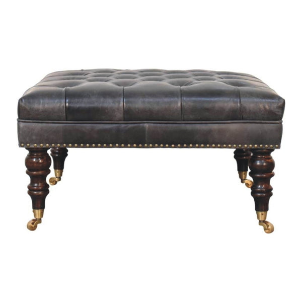 English Elm Solid Wood Frame Genuine Leather Ottoman Handcrafted Square Seat for Modern Living B182P490905