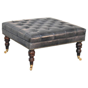 English Elm Solid Wood Frame Genuine Leather Ottoman Handcrafted Square Seat for Modern Living B182P490905