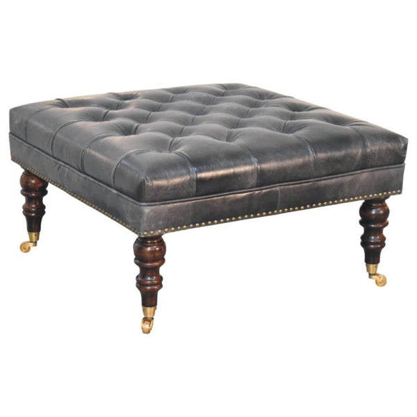 English Elm Solid Wood Frame Genuine Leather Ottoman Handcrafted Square Seat for Modern Living B182P490905