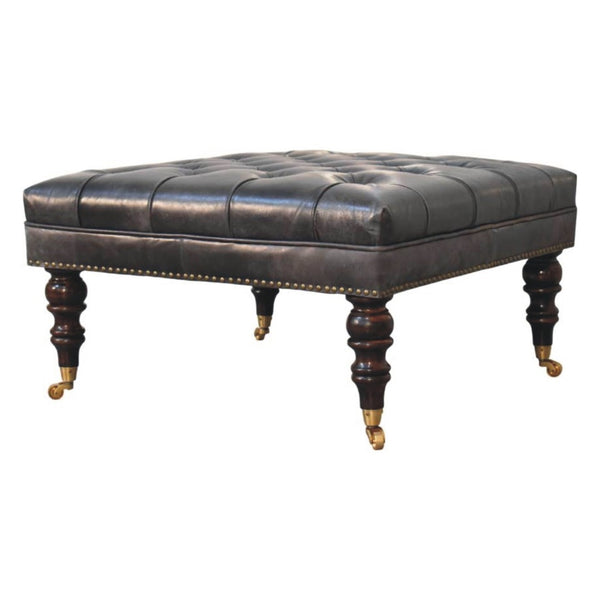 English Elm Solid Wood Frame Genuine Leather Ottoman Handcrafted Square Seat for Modern Living B182P490905