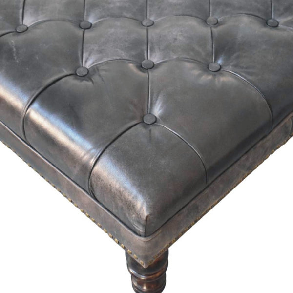 English Elm Solid Wood Frame Genuine Leather Ottoman Handcrafted Square Seat for Modern Living B182P490905