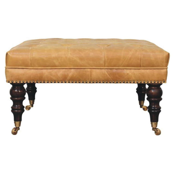 English Elm Solid Wood Frame Tan Leather Square Ottoman for Living Room or Bedroom Seating B182P490906