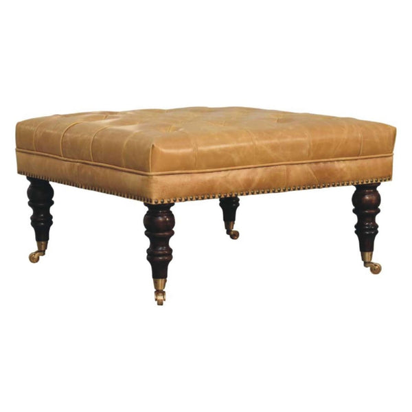 English Elm Solid Wood Frame Tan Leather Square Ottoman for Living Room or Bedroom Seating B182P490906