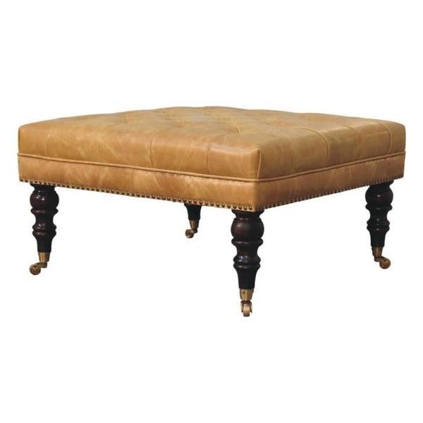 English Elm Solid Wood Frame Tan Leather Square Ottoman for Living Room or Bedroom Seating B182P490906