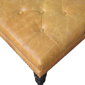 English Elm Solid Wood Frame Tan Leather Square Ottoman for Living Room or Bedroom Seating B182P490906