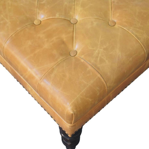 English Elm Solid Wood Frame Tan Leather Square Ottoman for Living Room or Bedroom Seating B182P490906