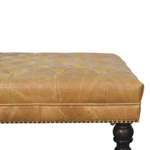 English Elm Solid Wood Frame Tan Leather Square Ottoman for Living Room or Bedroom Seating B182P490906
