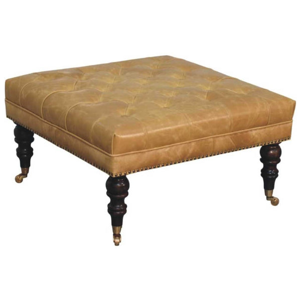 English Elm Solid Wood Frame Tan Leather Square Ottoman for Living Room or Bedroom Seating B182P490906