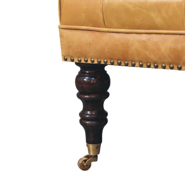 English Elm Solid Wood Frame Tan Leather Square Ottoman for Living Room or Bedroom Seating B182P490906