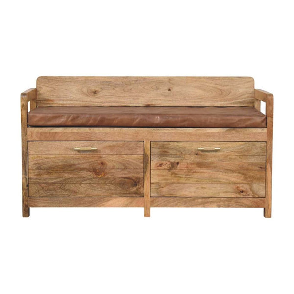 English Elm Solid Oak Finish Handcrafted Storage Bench with Leather Seat for Entryway Use B182P490907